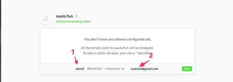 Step 1 - Add the admin@saulo.fun or * (to catch all, remember?)
Step 2 - Your email